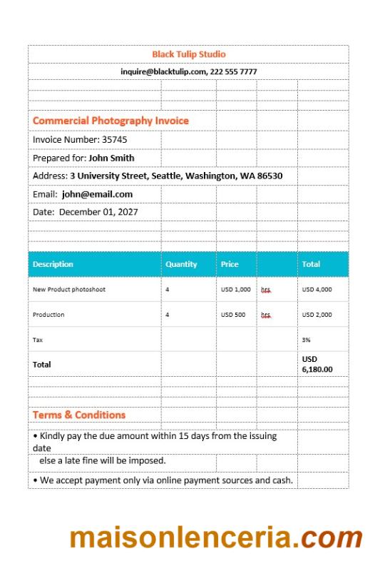 Szablon faktury fotografii komercyjnej w formatach Word i PDF